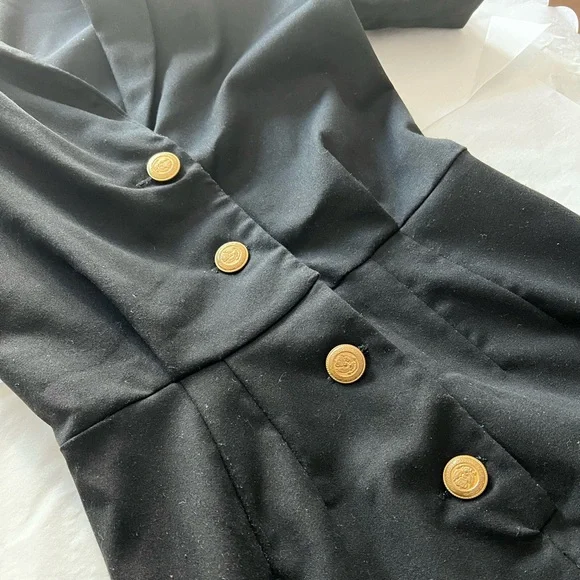 VTG MINT 90s tailored black romper suit gold buttons collar shoulder pads custom